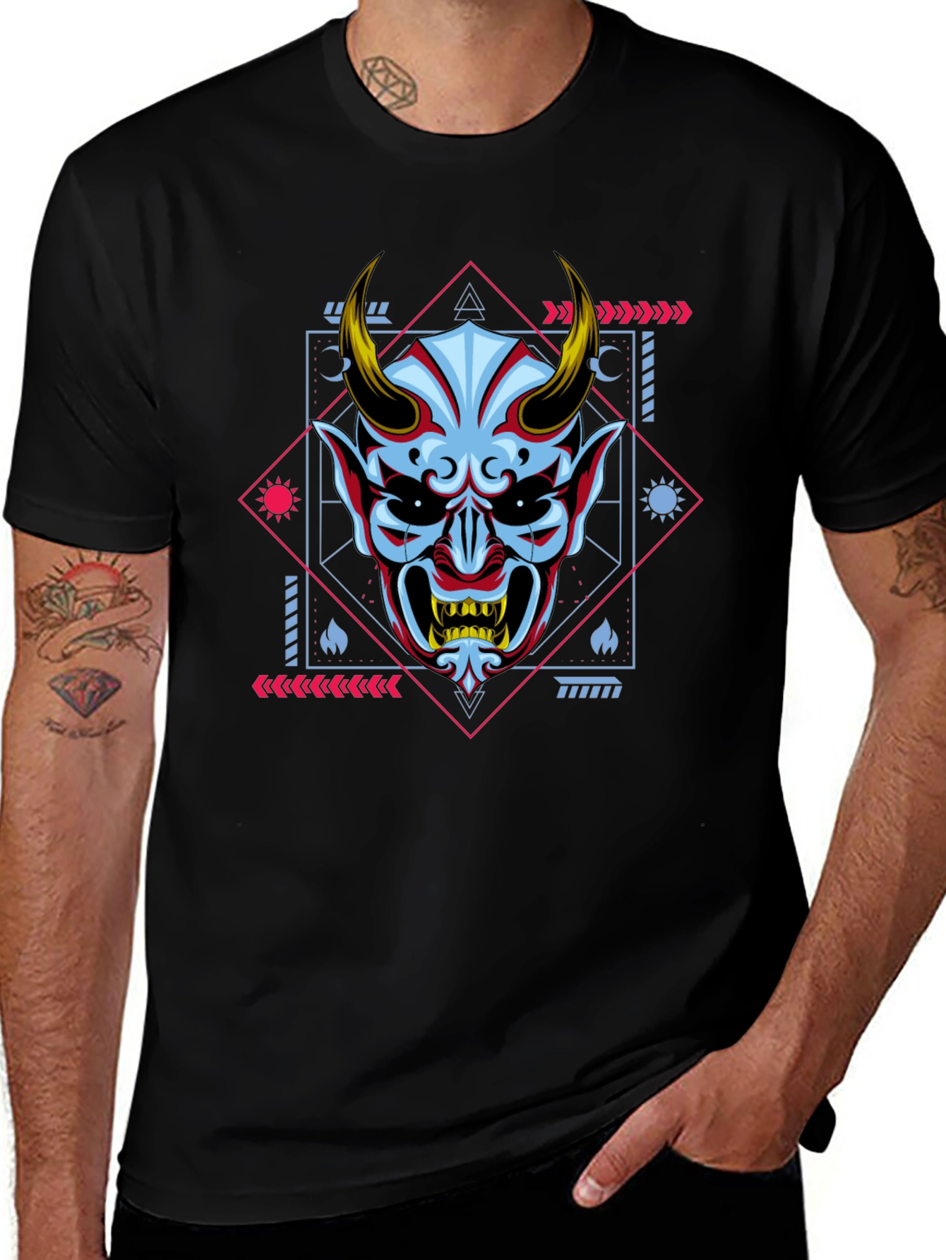 Geometric Oni Mask Graphic Tee - Black