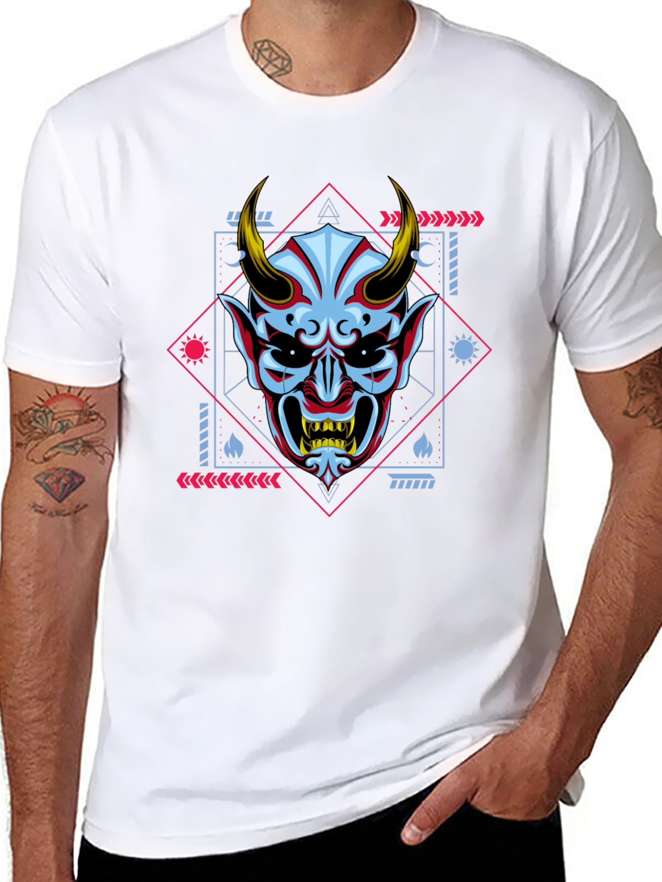 Geometric Oni Mask Graphic Tee - Black