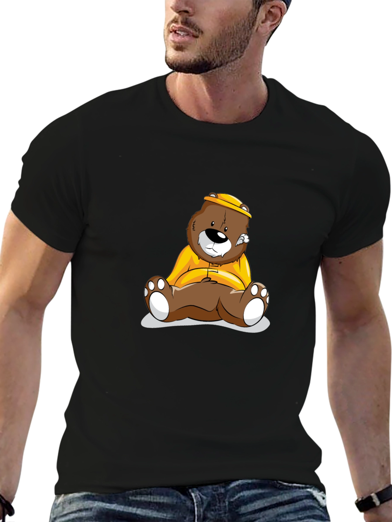 Bear Cartoon Print Black T-Shirt