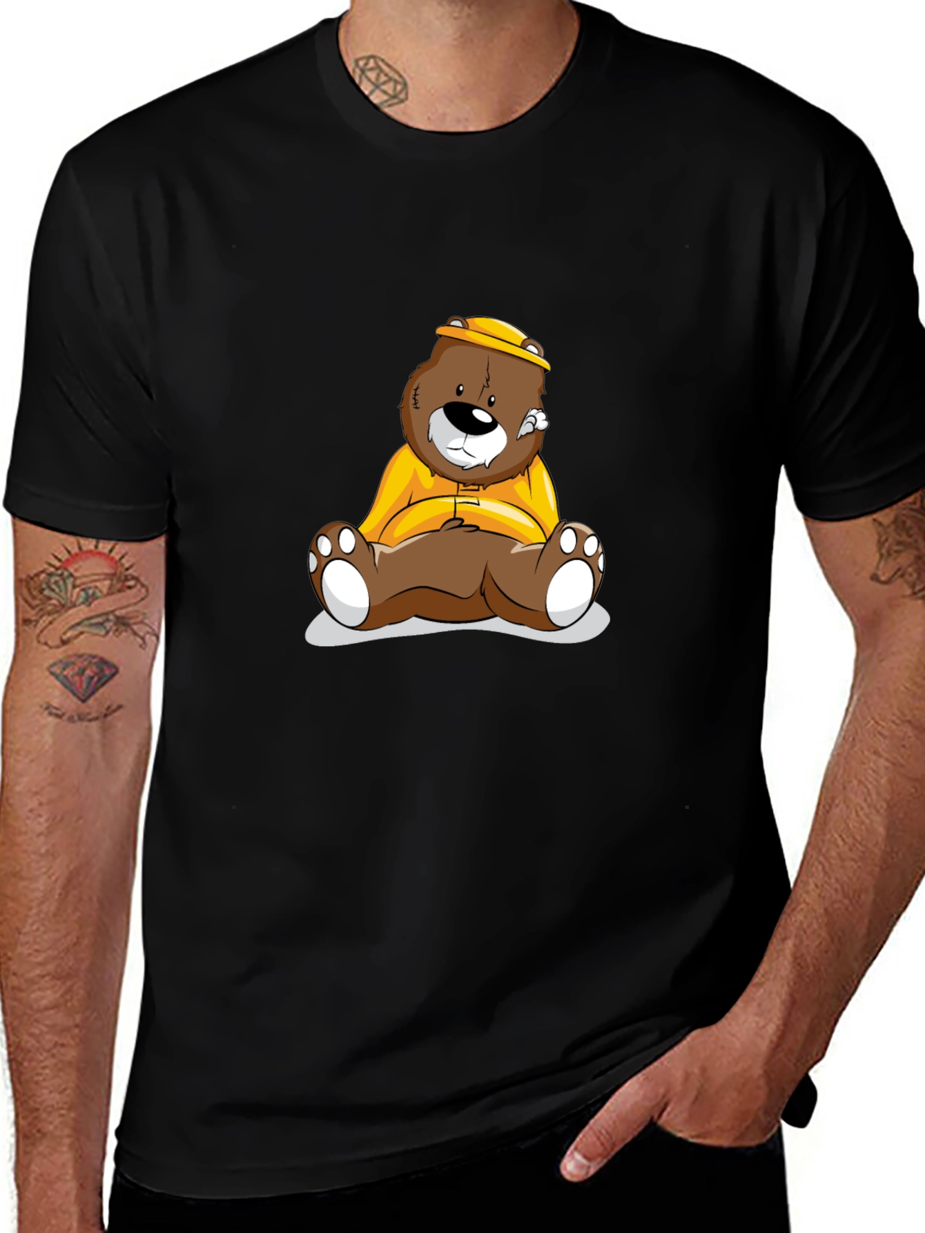 Bear Cartoon Print Black T-Shirt