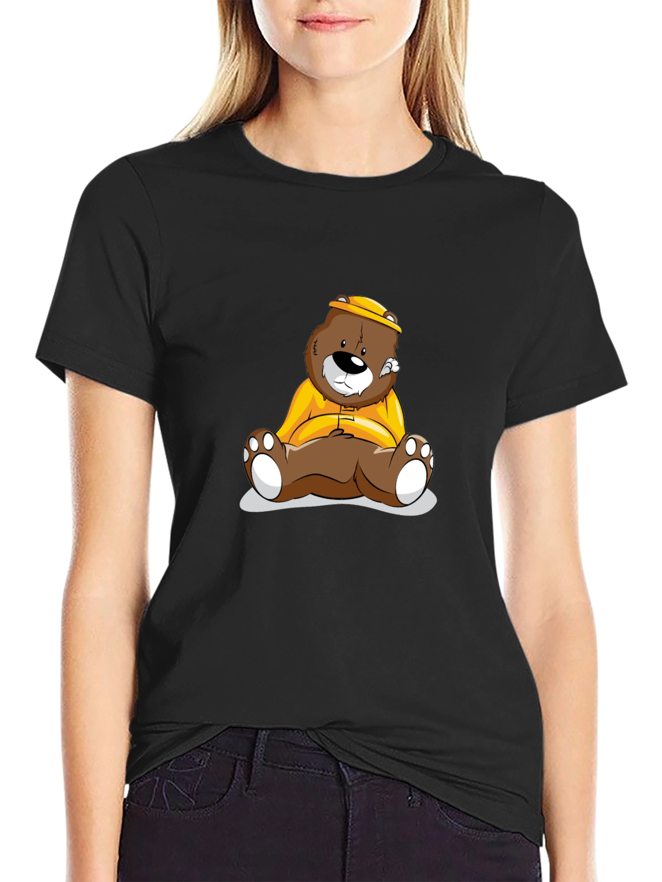 Bear Cartoon Print Black T-Shirt