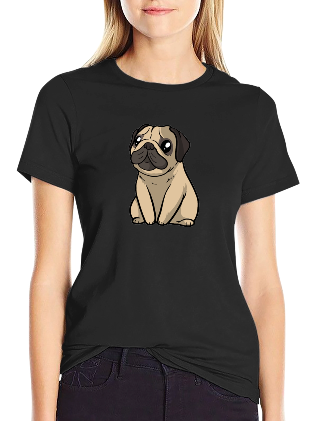 Cute Pug Graphic T-Shirt - Black Cotton Blend