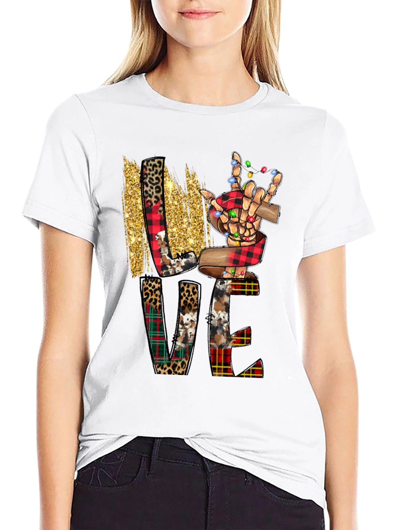 Festive LOVE Graphic Tee - Christmas Skeleton Hand