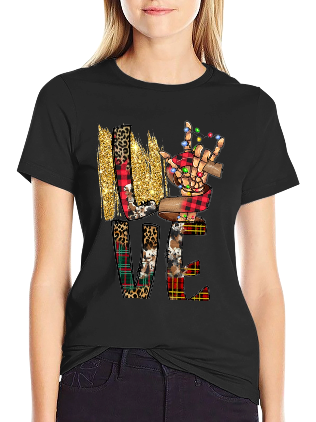 Festive LOVE Graphic Tee - Christmas Skeleton Hand
