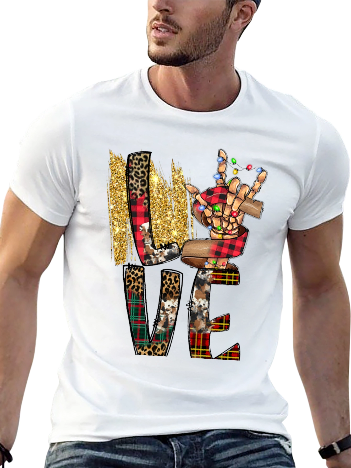 Festive LOVE Graphic Tee - Christmas Skeleton Hand