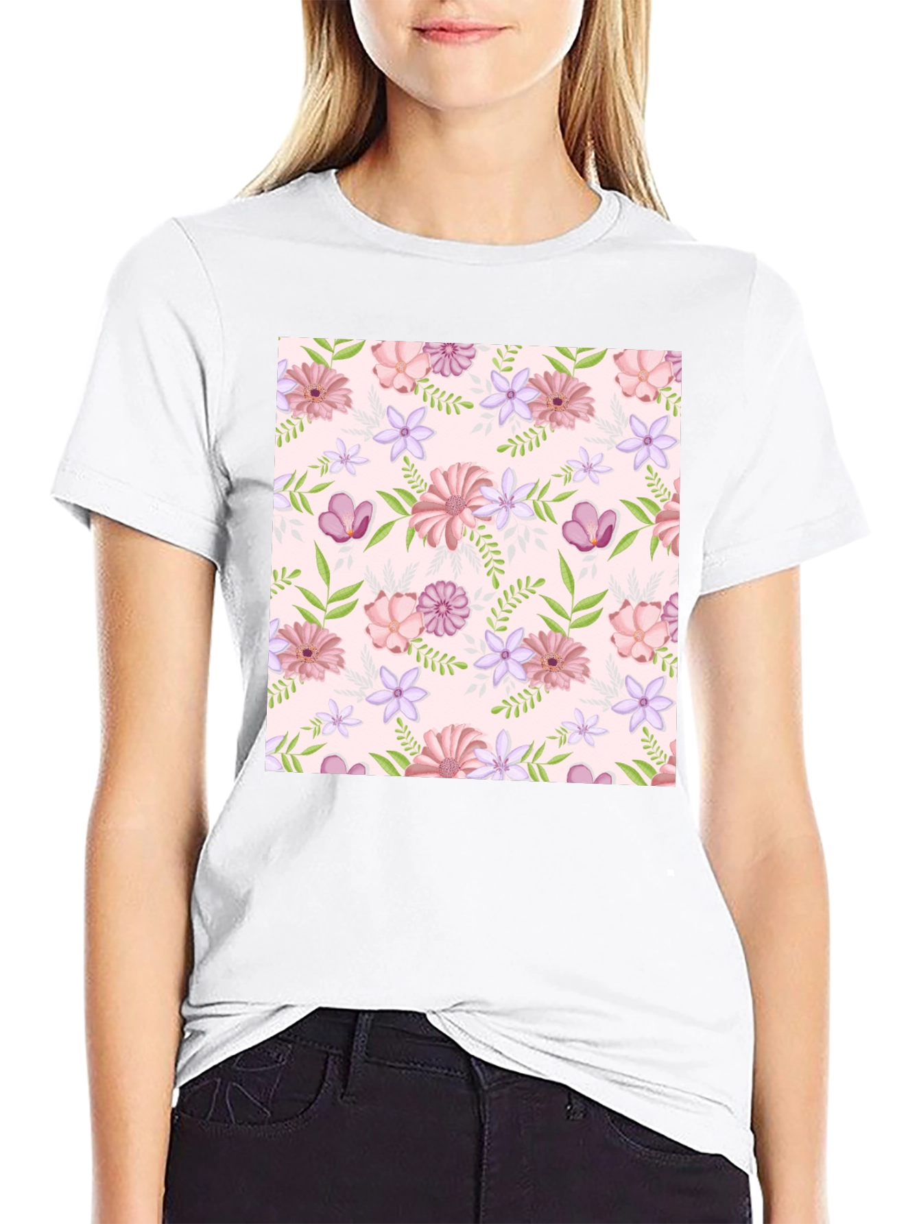 Floral Pattern T-Shirt - Black Casual Tee