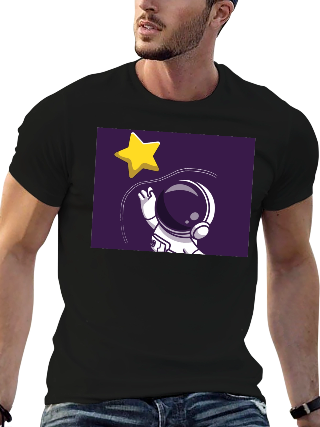 Astronaut Star Catching Graphic Black T-Shirt