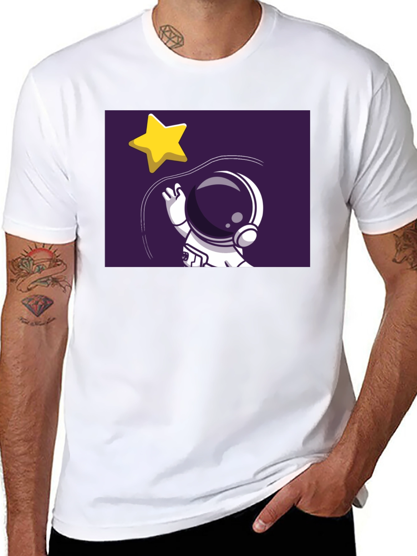 Astronaut Star Catching Graphic Black T-Shirt