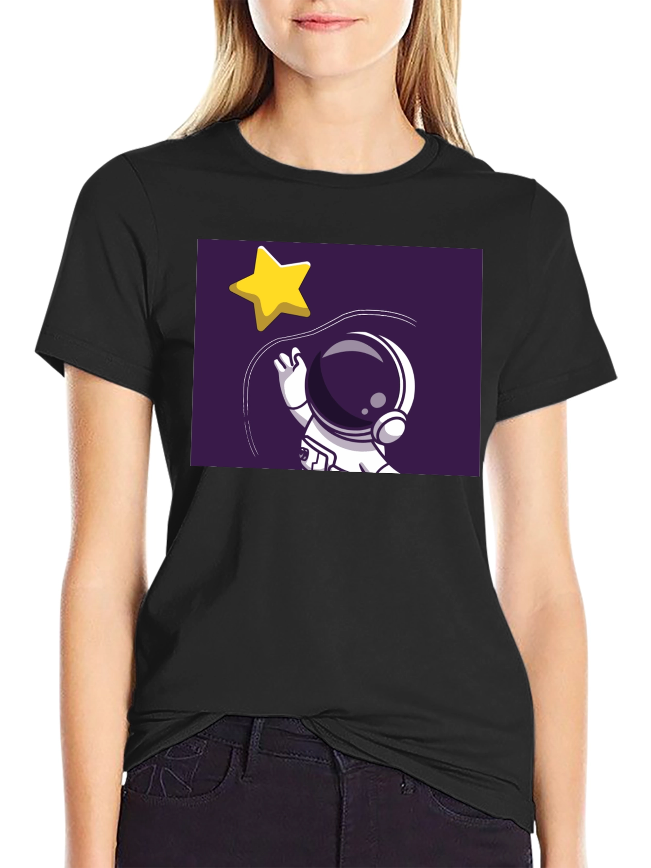 Astronaut Star Catching Graphic Black T-Shirt