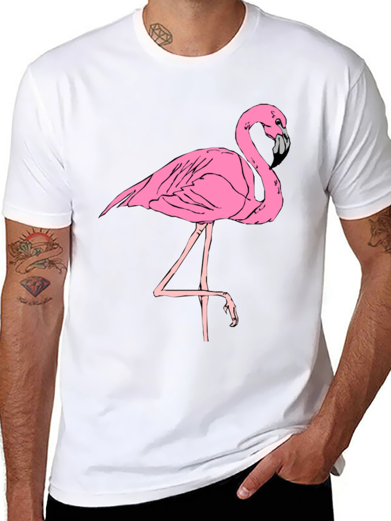 Mens Black T-Shirt with Pink Flamingo Graphic