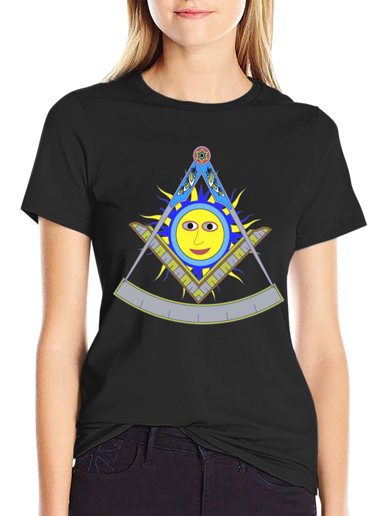 Square & Compass Sun Face Black T-Shirt