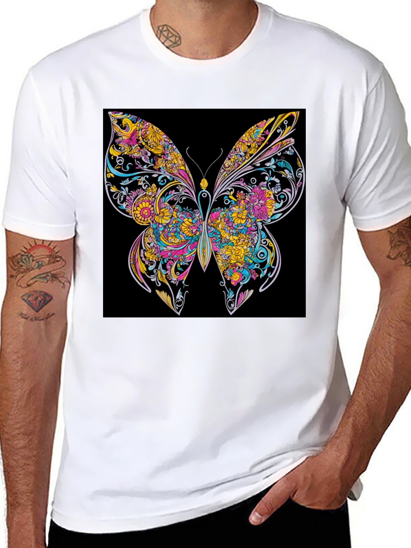 Vibrant Butterfly Graphic Print Black T-Shirt