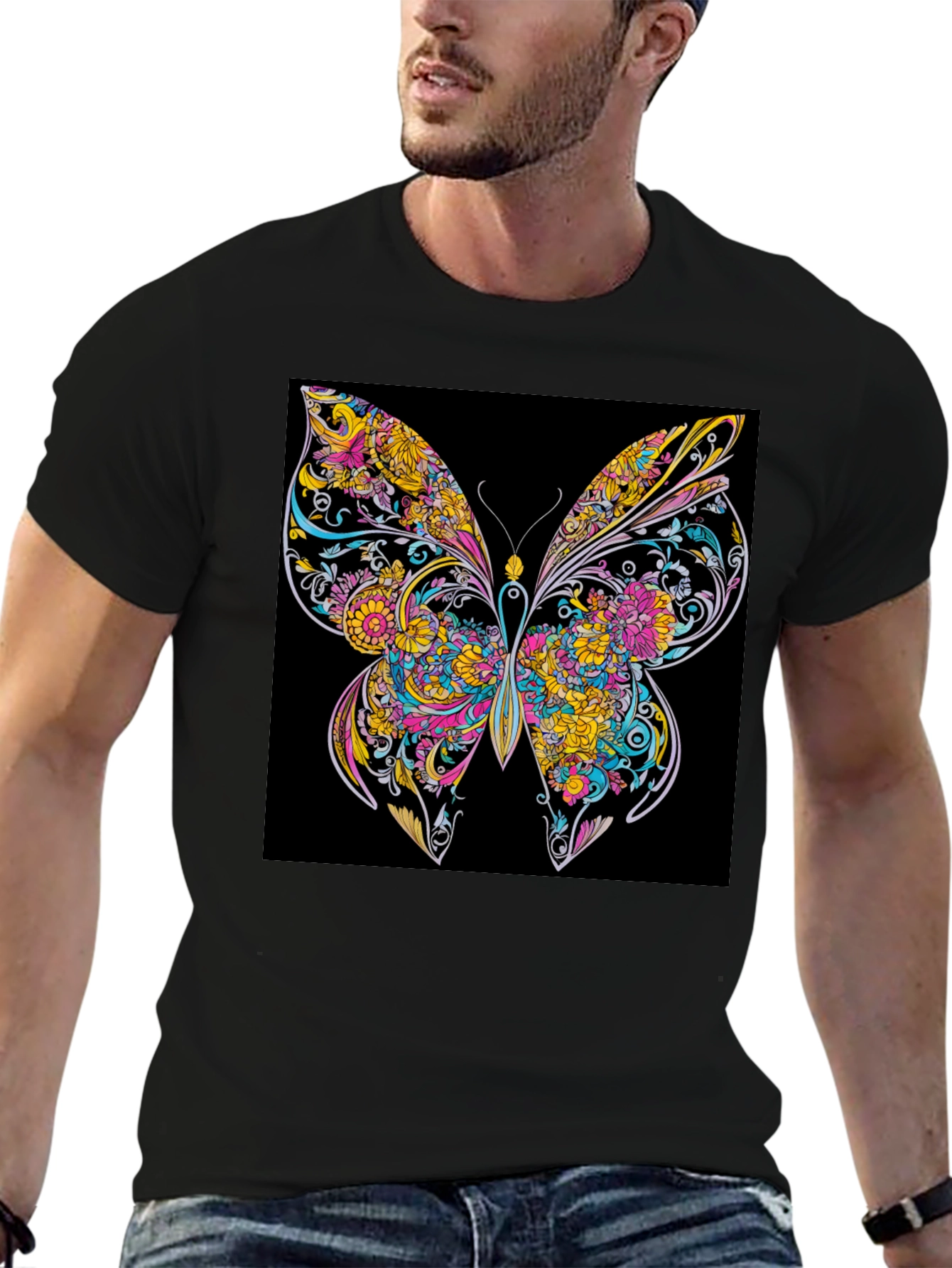 Vibrant Butterfly Graphic Print Black T-Shirt