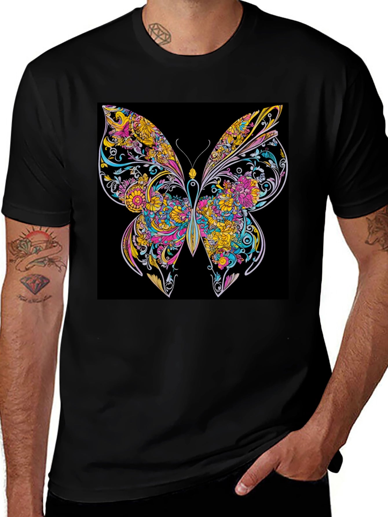 Vibrant Butterfly Graphic Print Black T-Shirt