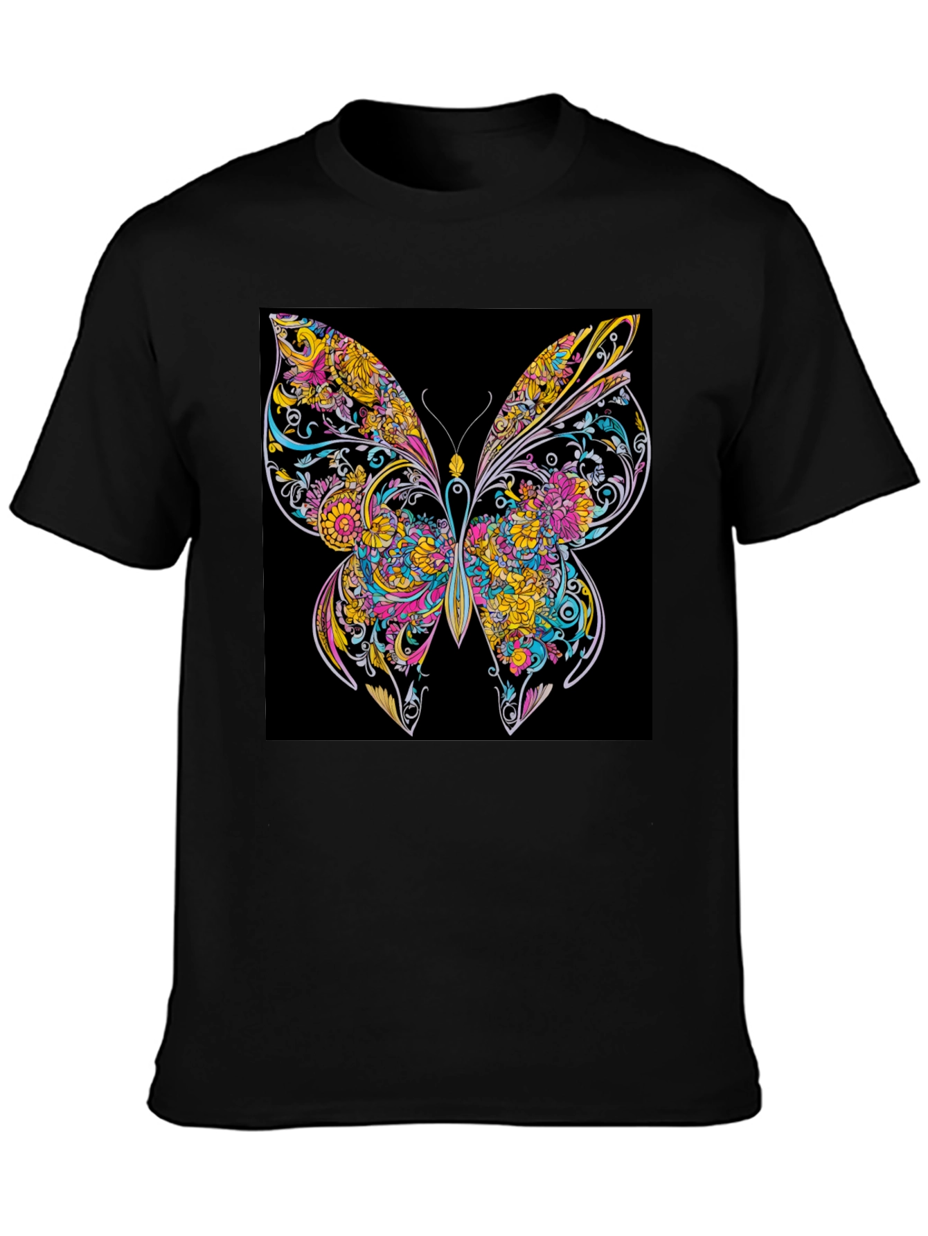 Vibrant Butterfly Graphic Print Black T-Shirt