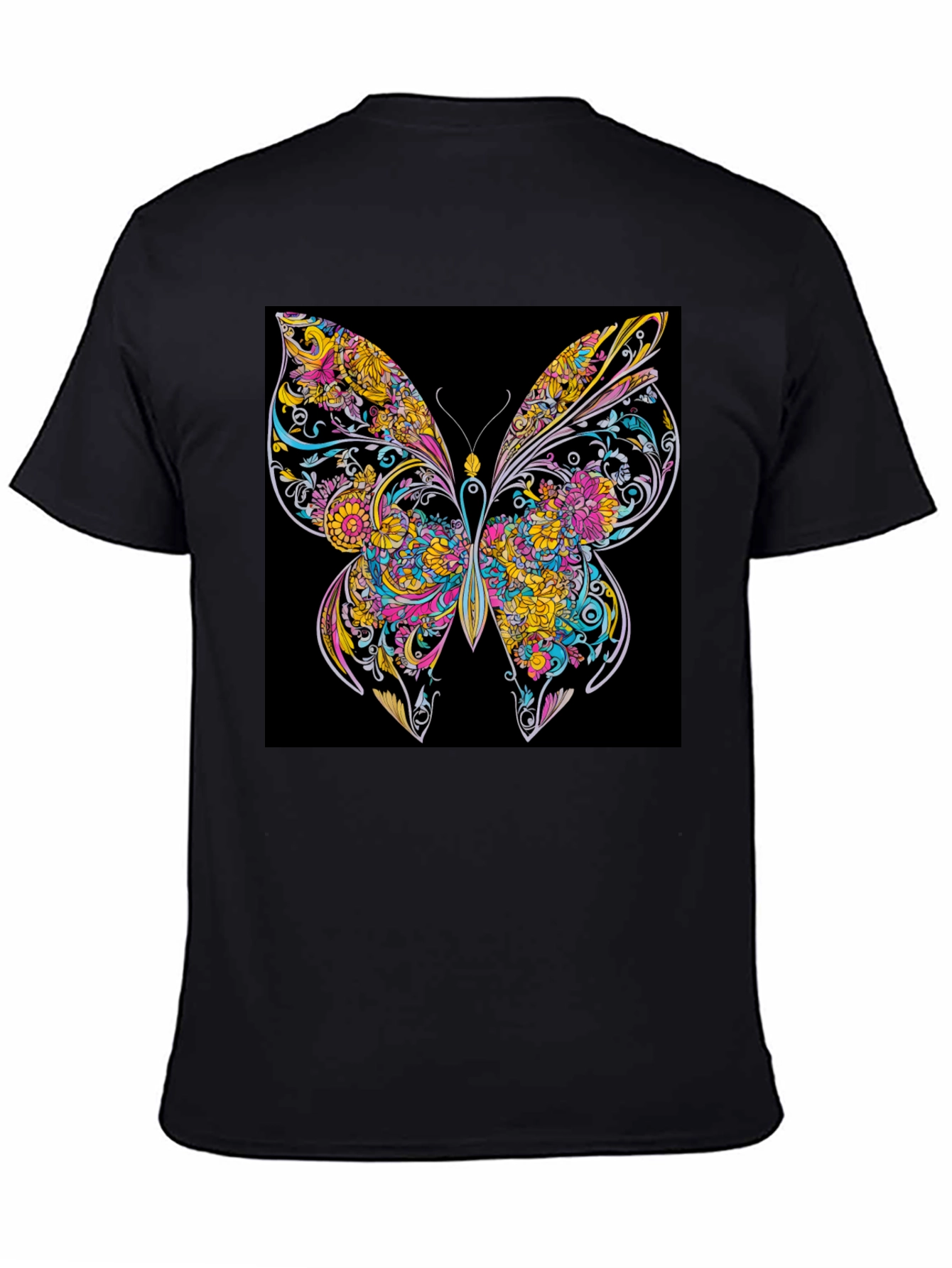 Vibrant Butterfly Graphic Print Black T-Shirt