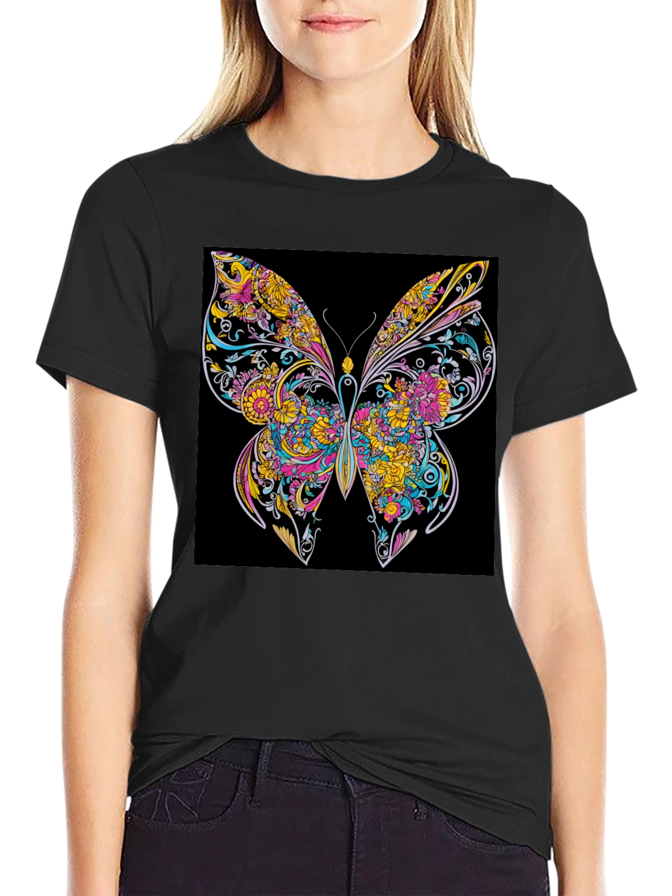 Vibrant Butterfly Graphic Print Black T-Shirt