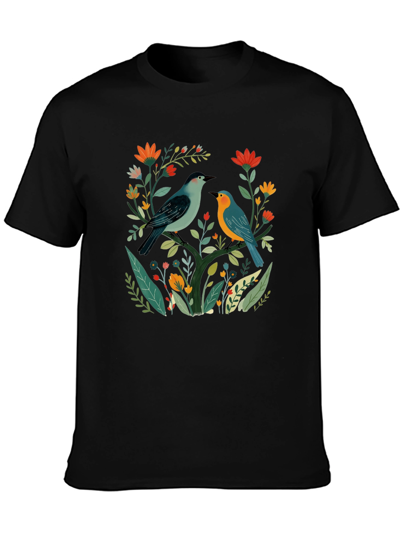 Floral Bird Graphic Tee - Stylish Black T-Shirt