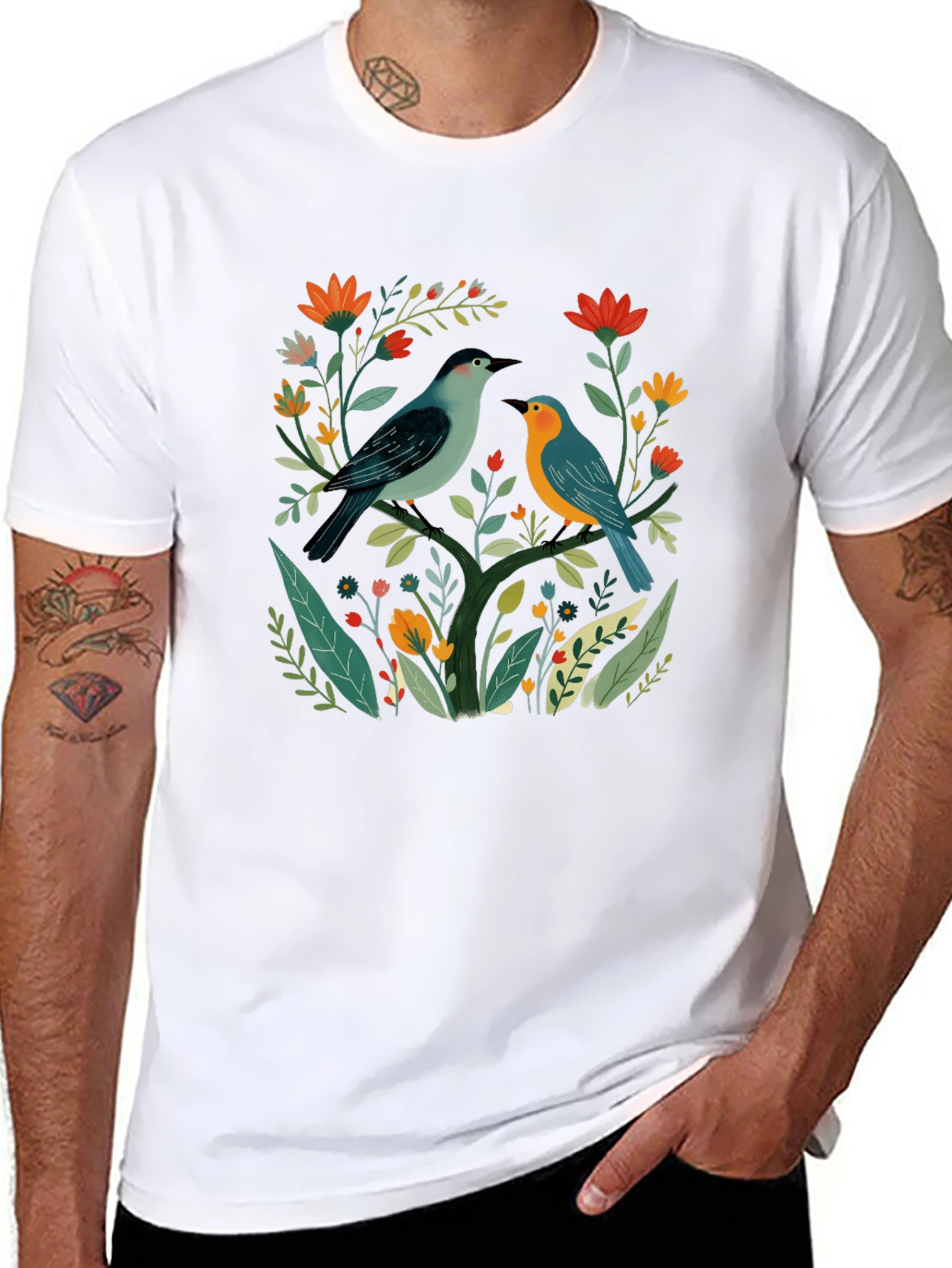 Floral Bird Graphic Tee - Stylish Black T-Shirt