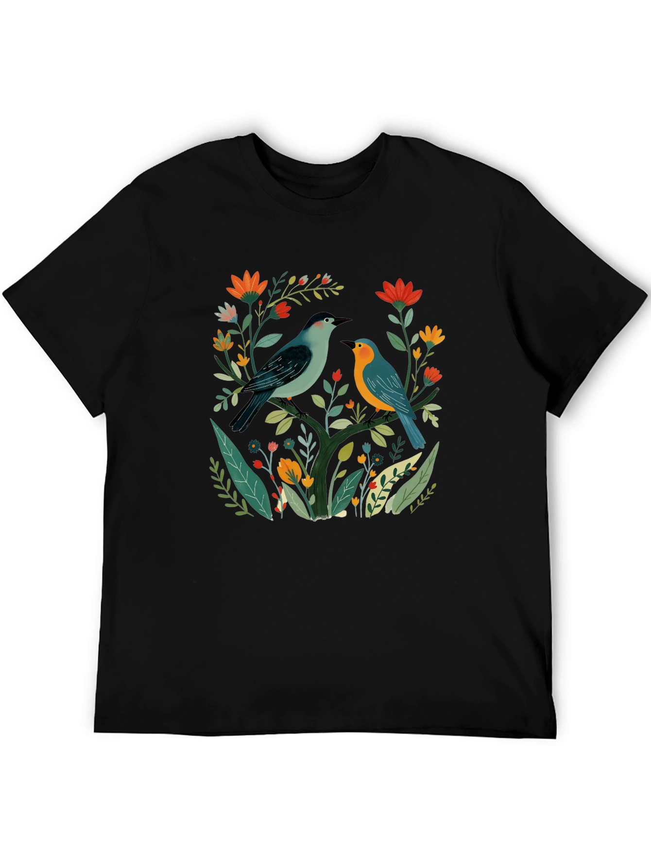 Floral Bird Graphic Tee - Stylish Black T-Shirt