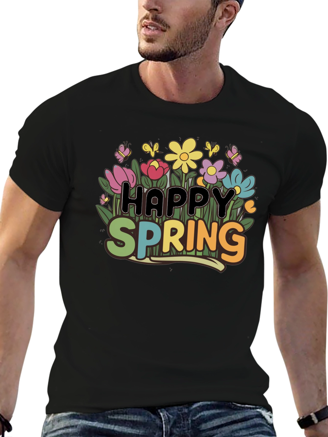 Happy Spring Floral T-Shirt - Mens Black Tee