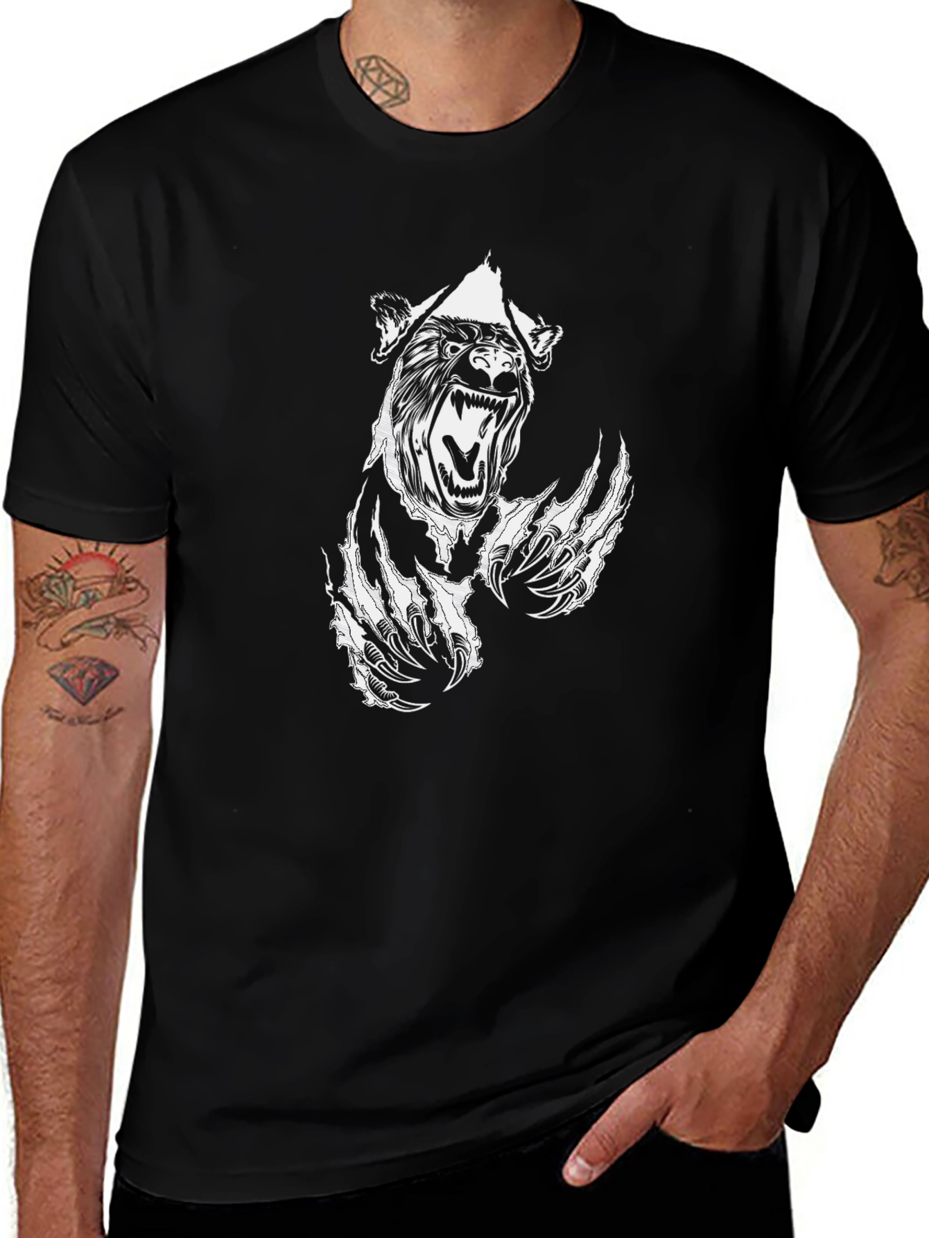 Mens Black T-Shirt with Bear Claw Graphic