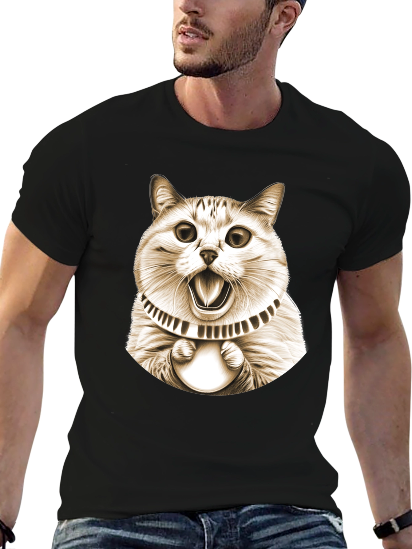 Funny Cat Graphic Tee - Black Cotton T-Shirt
