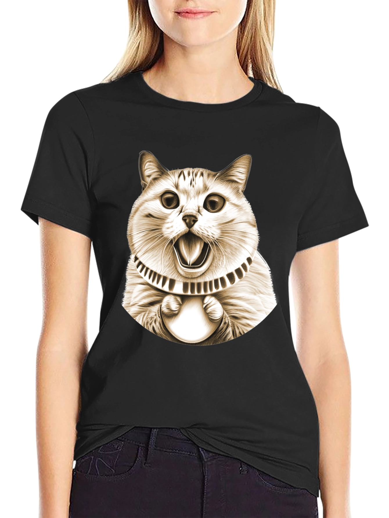 Funny Cat Graphic Tee - Black Cotton T-Shirt