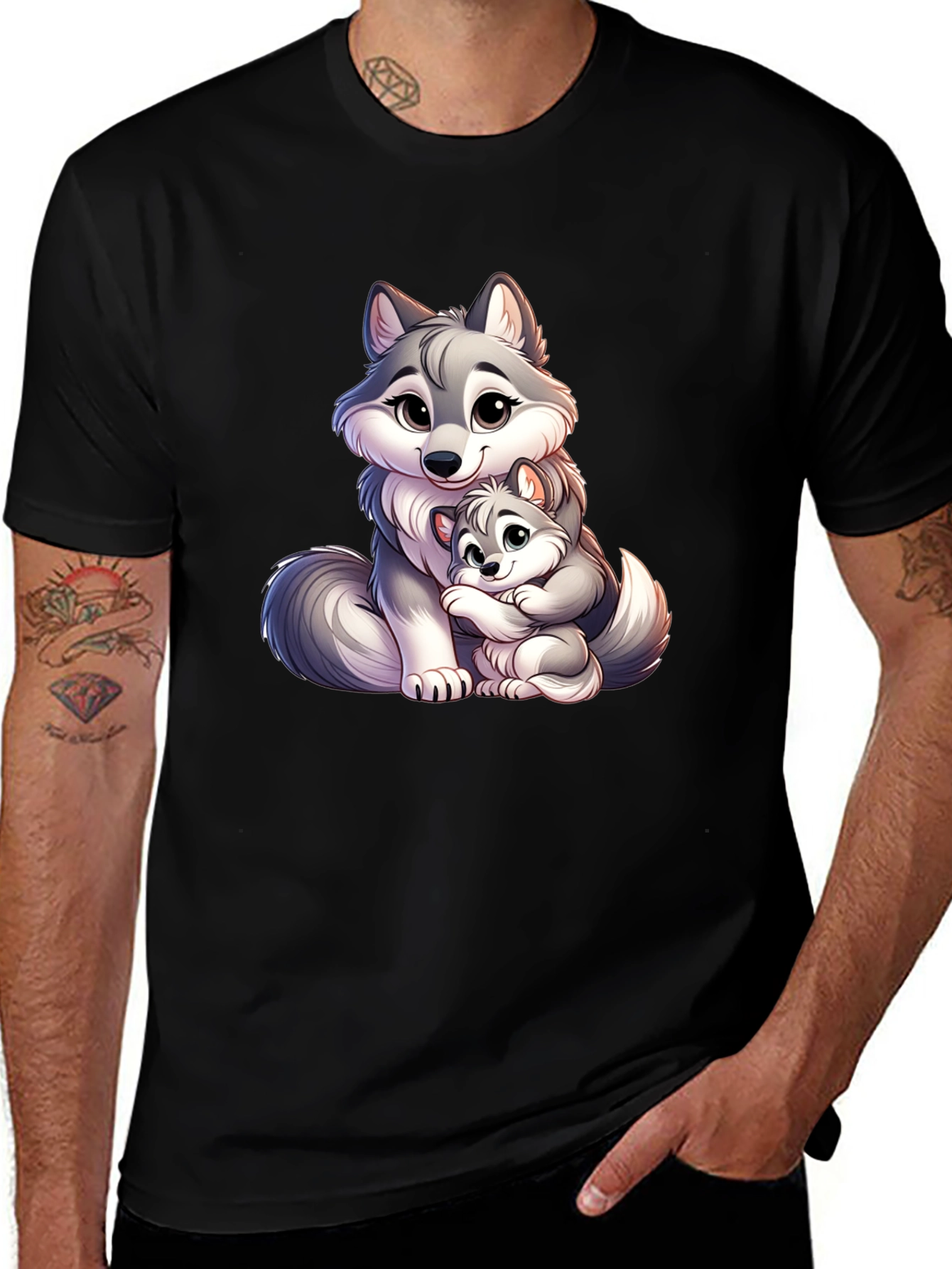 Cute Wolf Mom & Pup Black T-Shirt