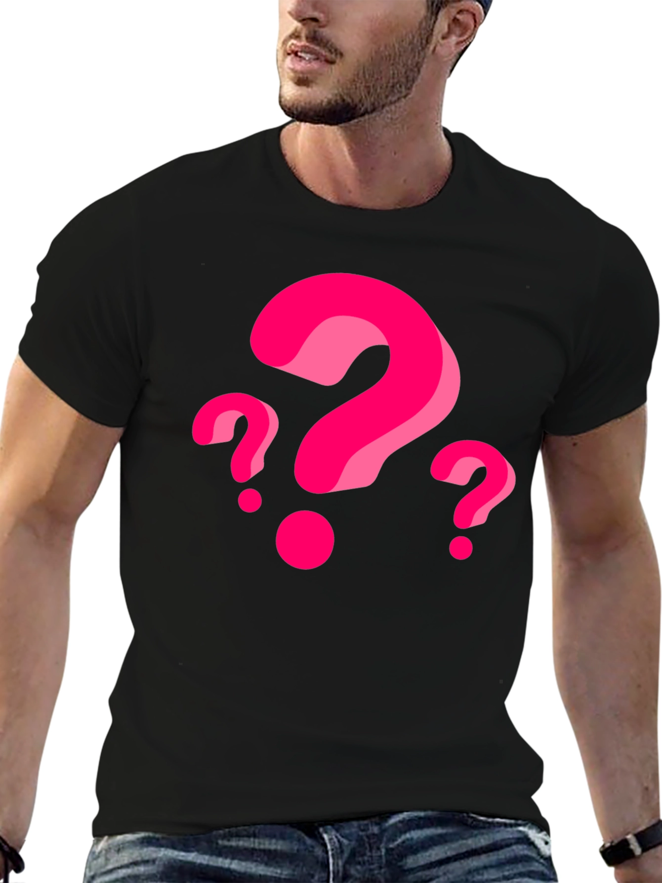 Mens Black T-Shirt with Pink Question Marks