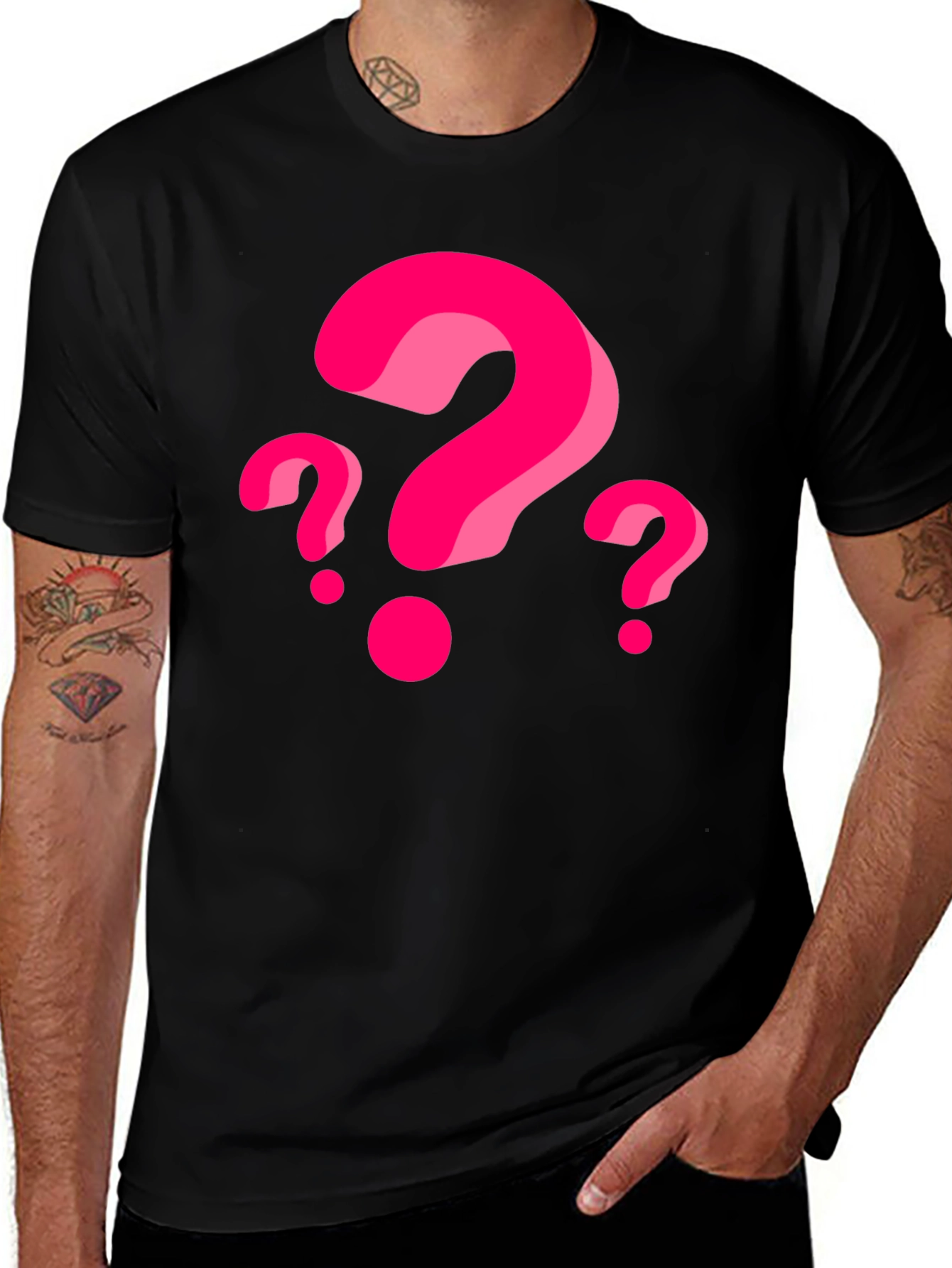 Mens Black T-Shirt with Pink Question Marks