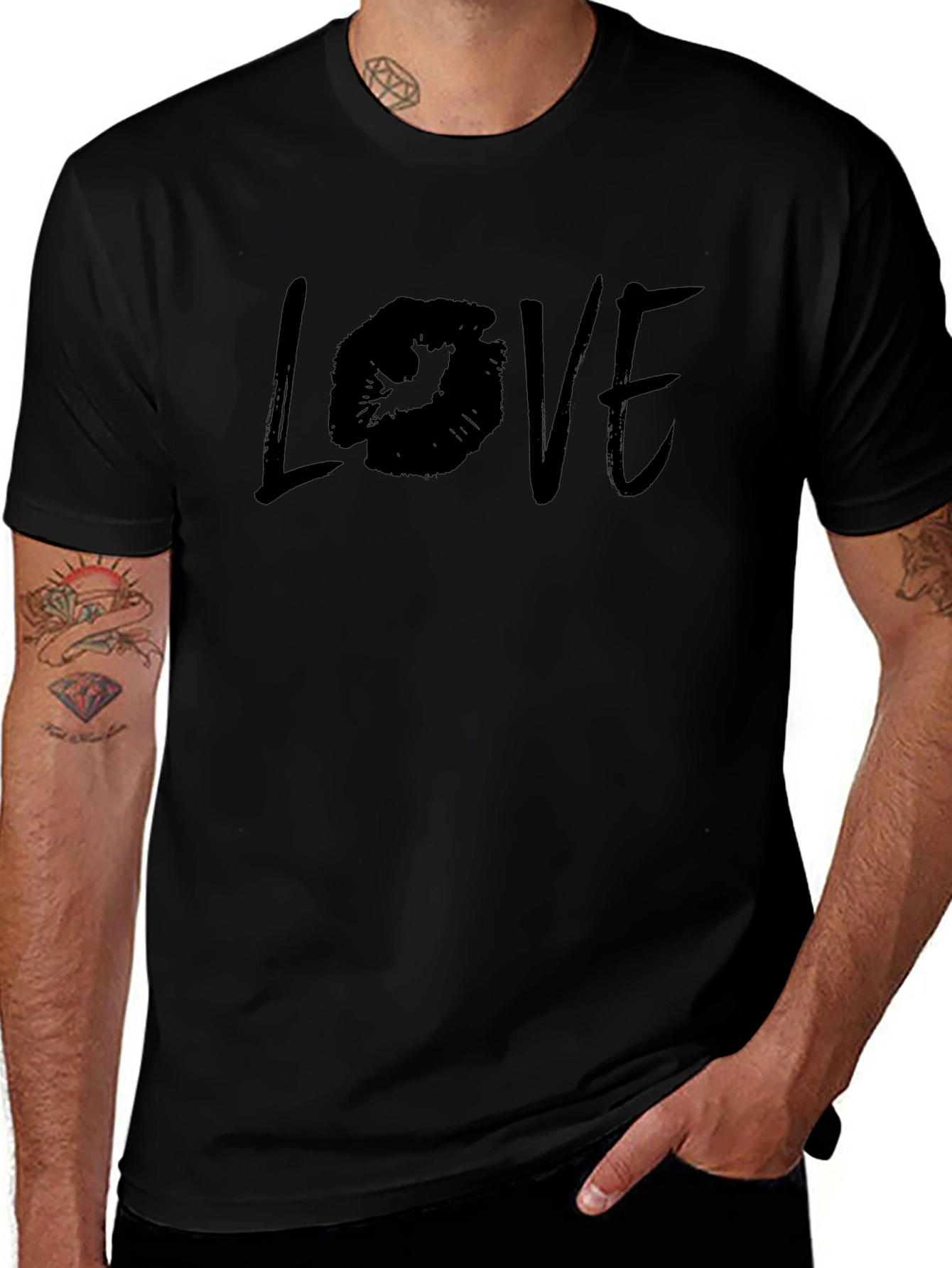 Love Lips Print Black Cotton T-Shirt
