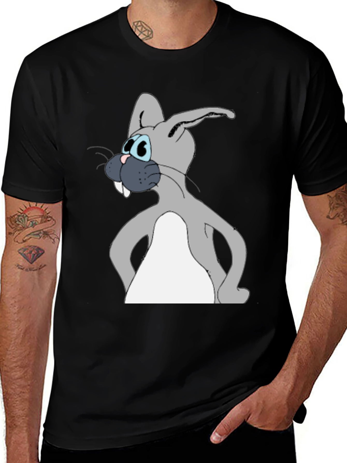 Cartoon Rabbit Graphic Tee - Black Cotton Blend