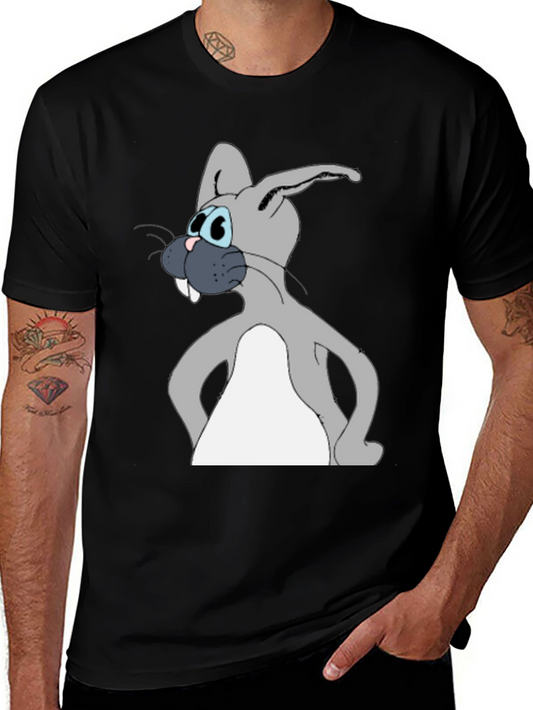 Cartoon Rabbit Graphic Tee - Black Cotton Blend