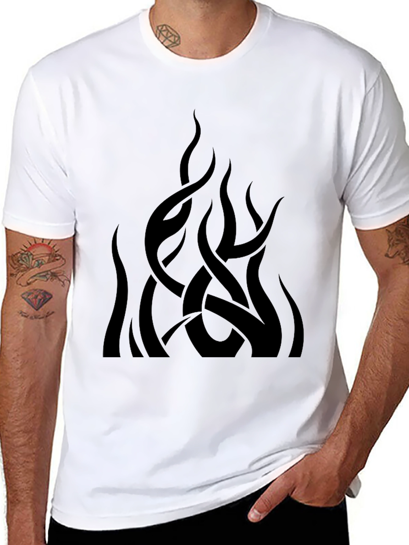 Mens Black Graphic Tee - Abstract Flame Design