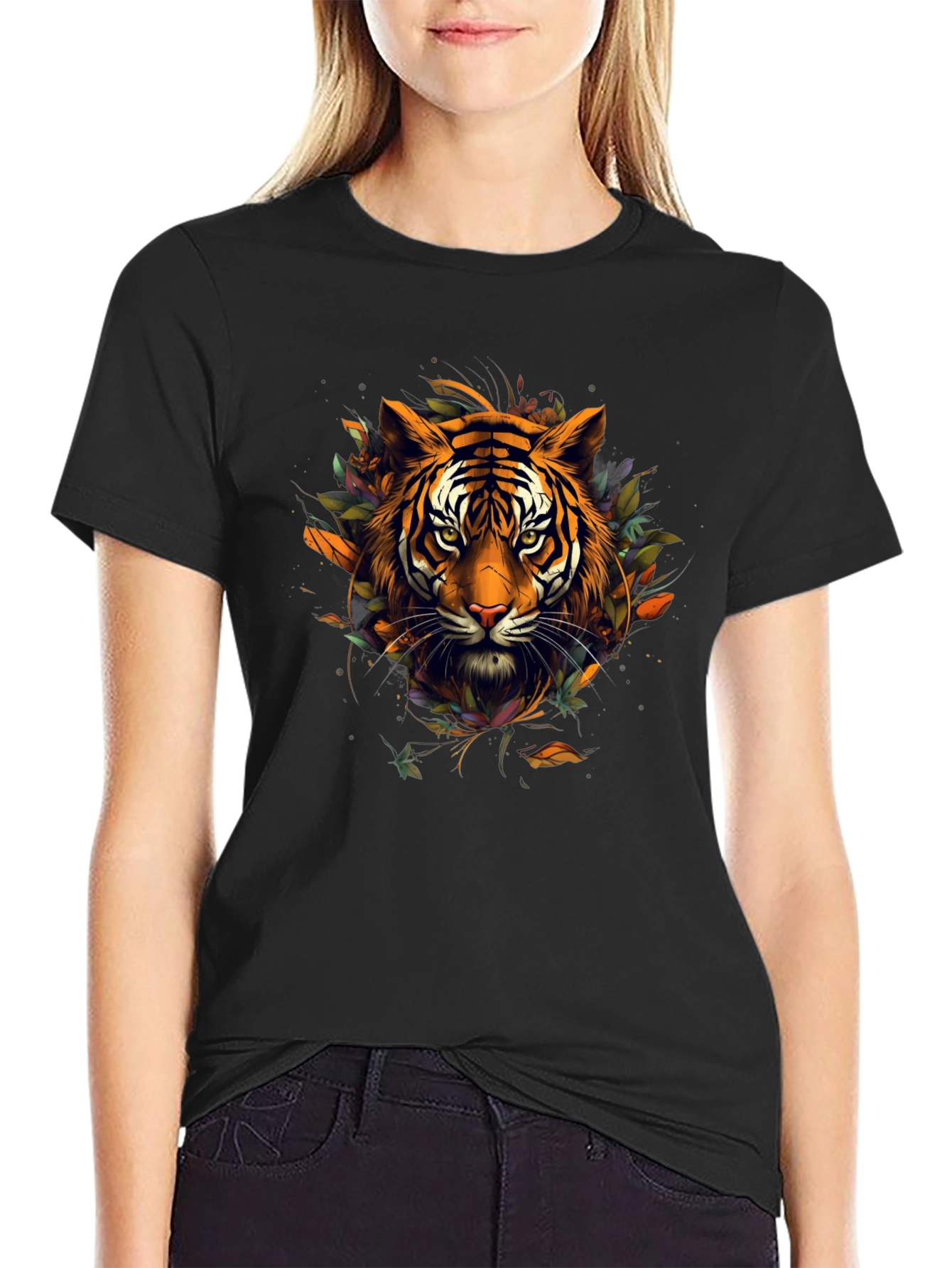 Tiger Graphic Tee - Artistic Feline Design Black T-Shirt