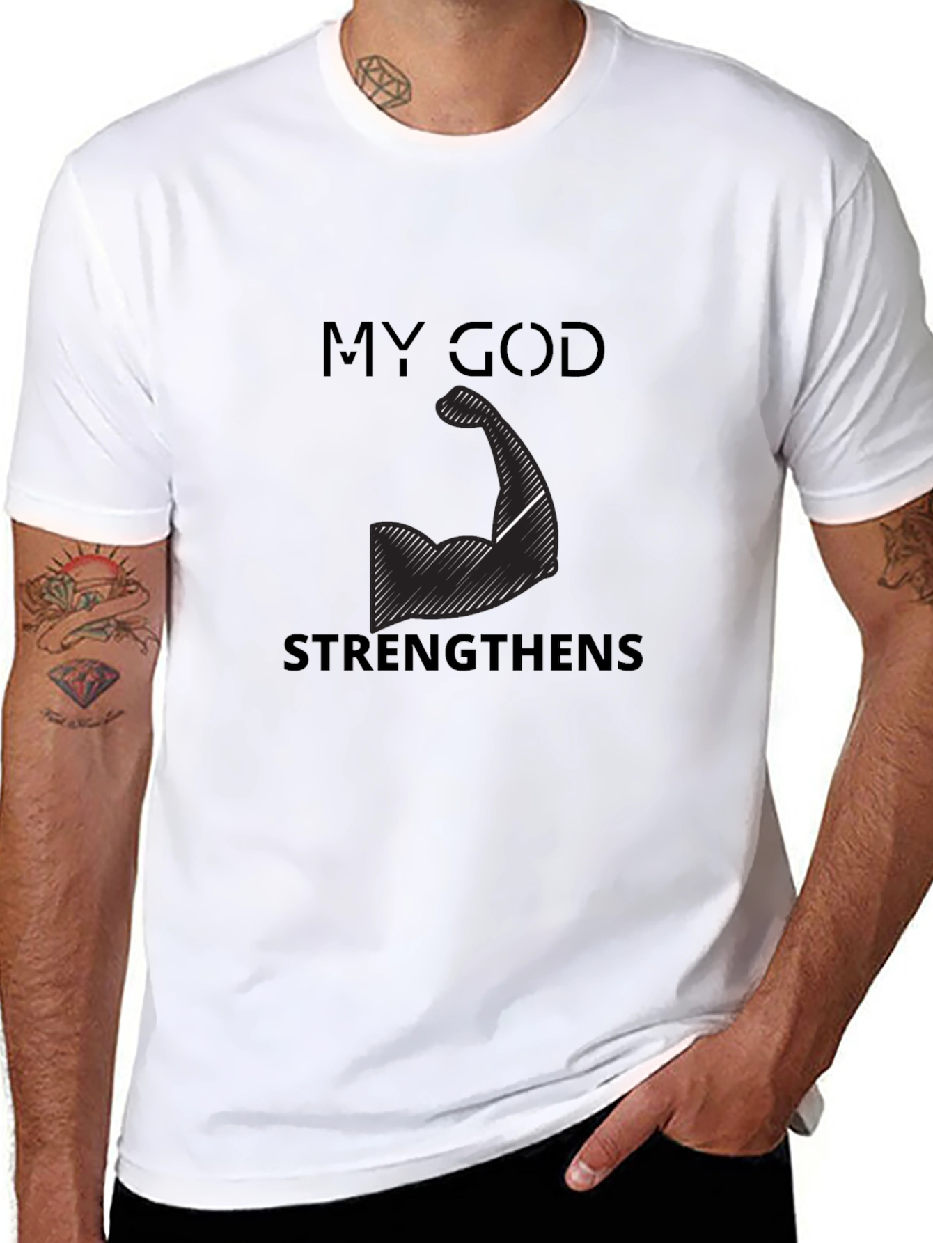 My God Strengthens Me Black T-Shirt