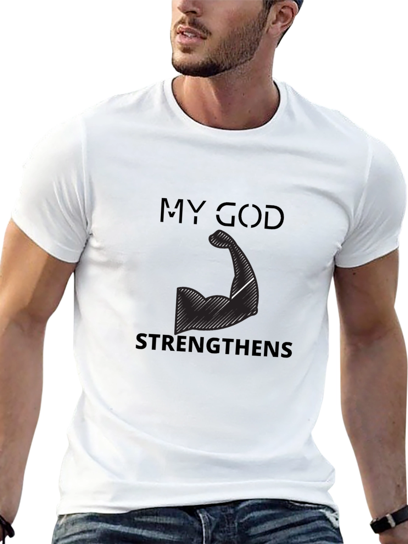 My God Strengthens Me Black T-Shirt