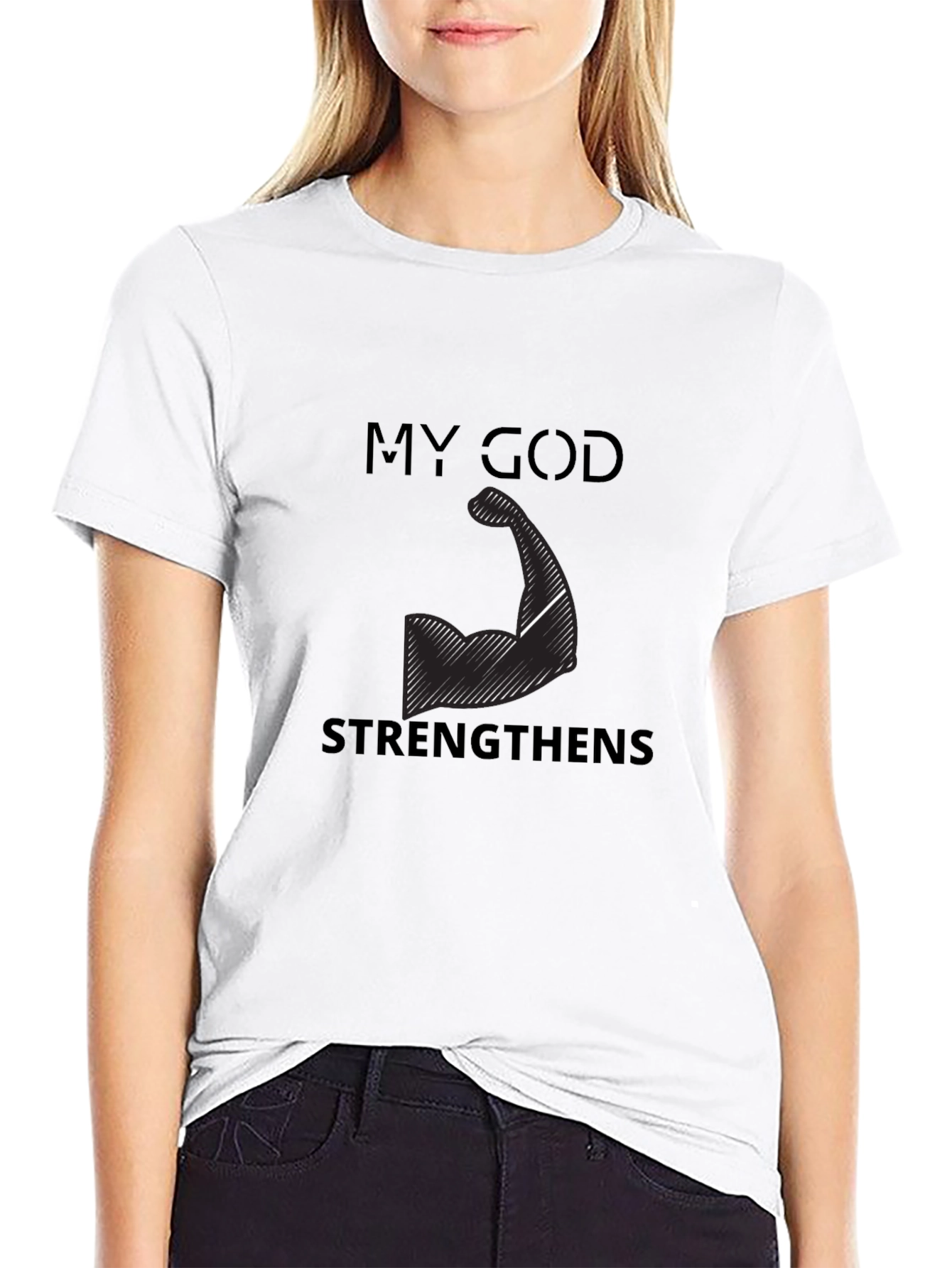 My God Strengthens Me Black T-Shirt