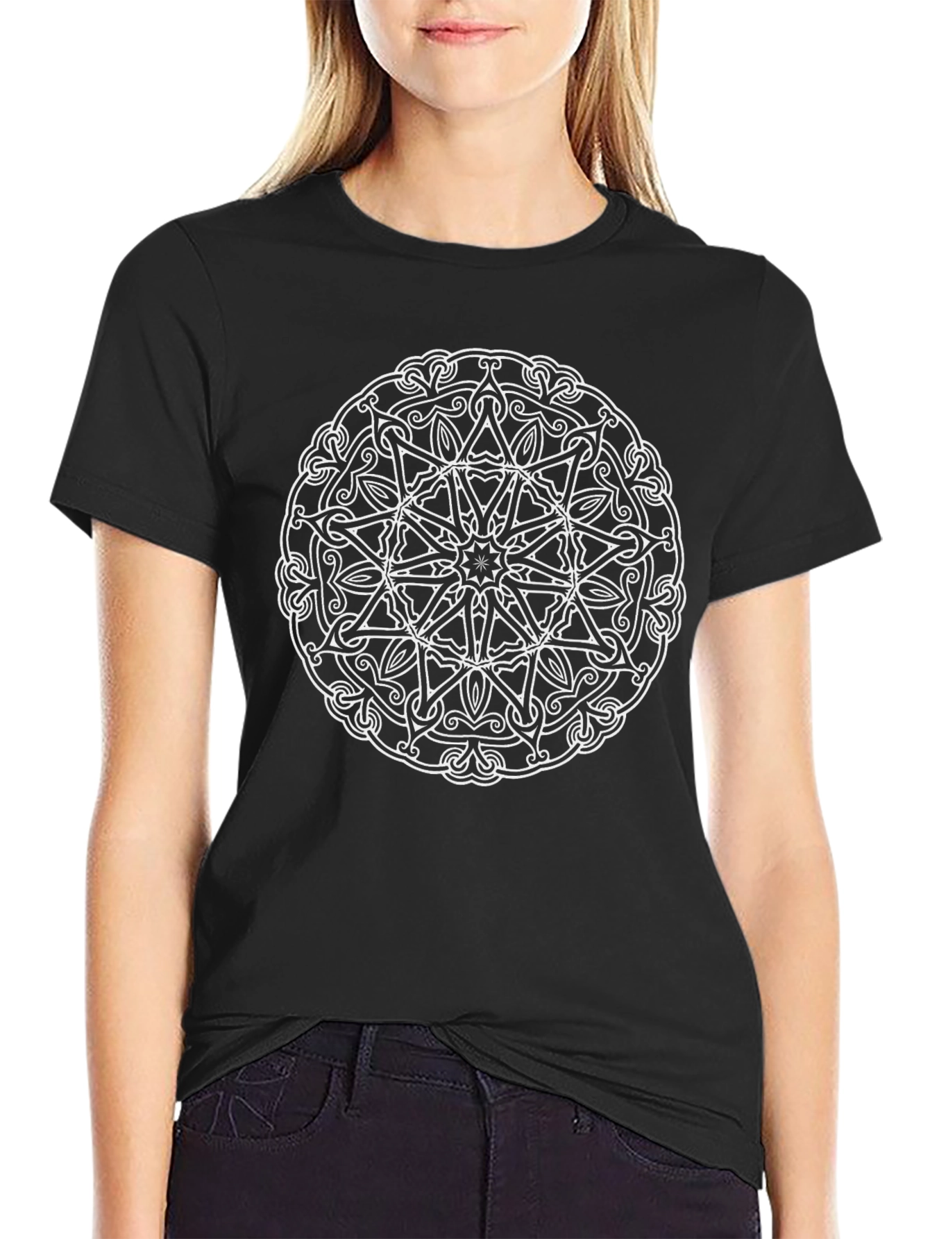 Black Tee with White Mandala Design