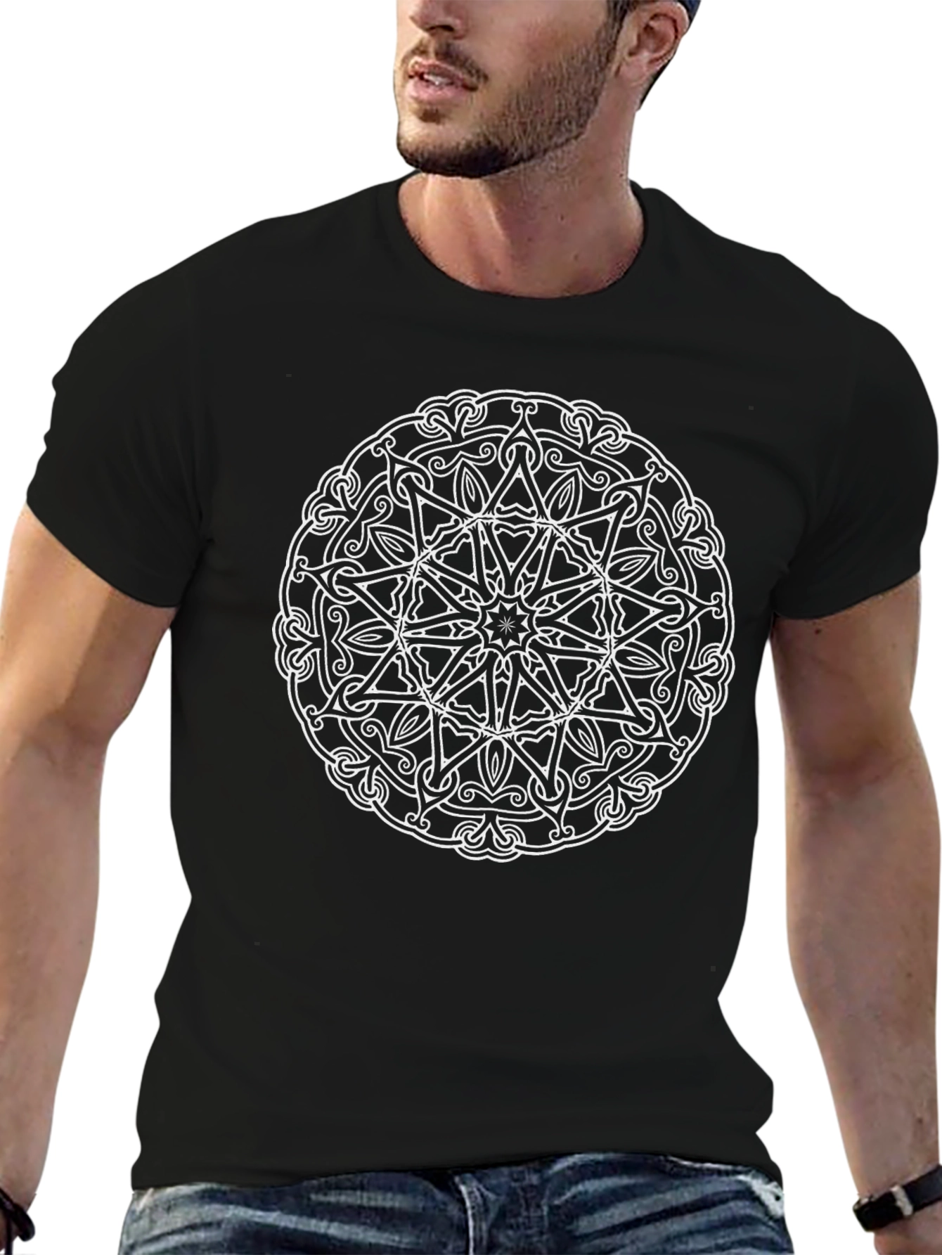 Black Tee with White Mandala Design
