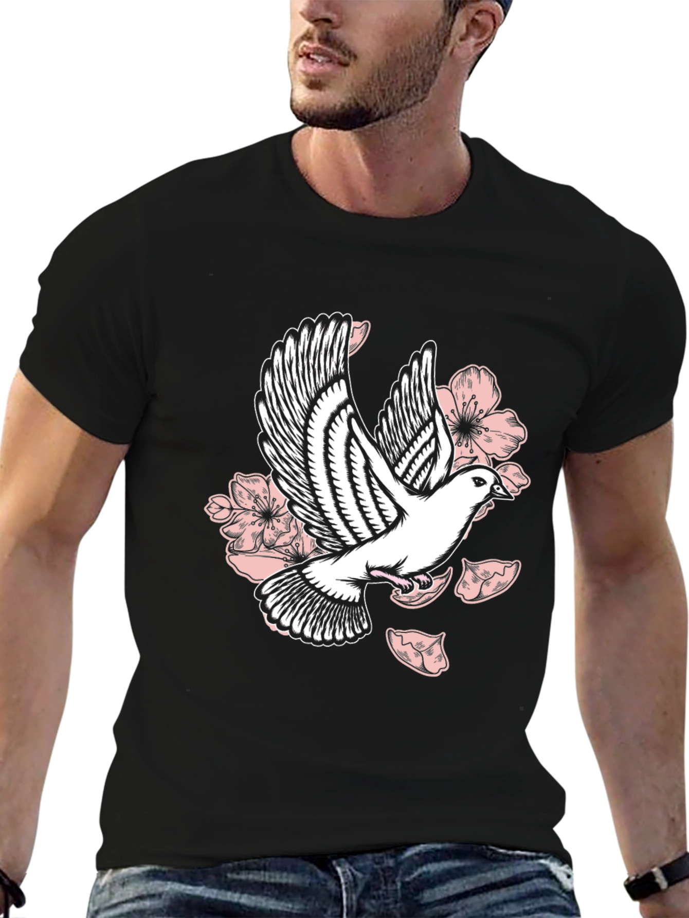 Dove & Floral Graphic Black T-Shirt