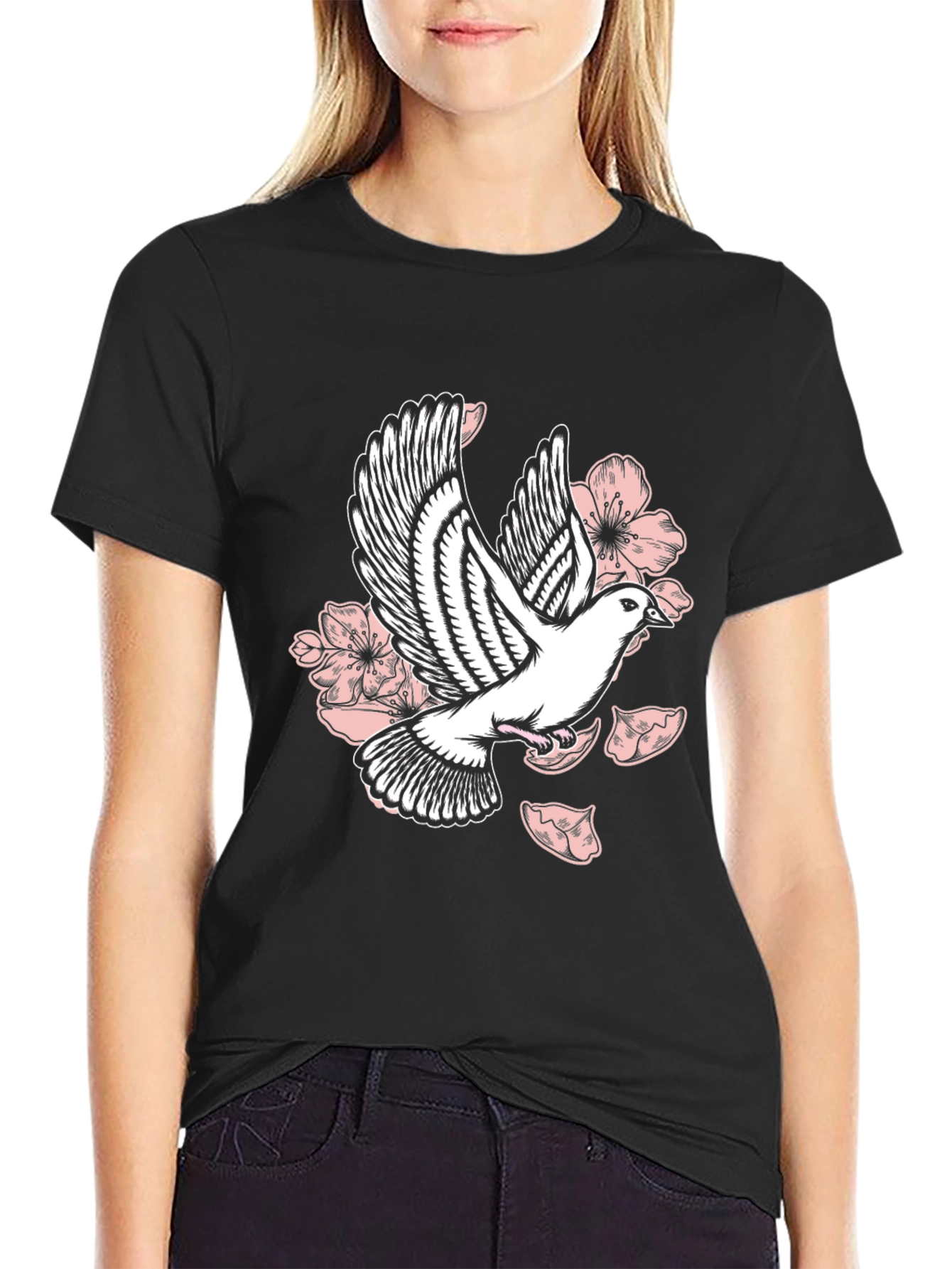 Dove & Floral Graphic Black T-Shirt