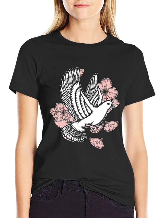 Dove & Floral Graphic Black T-Shirt