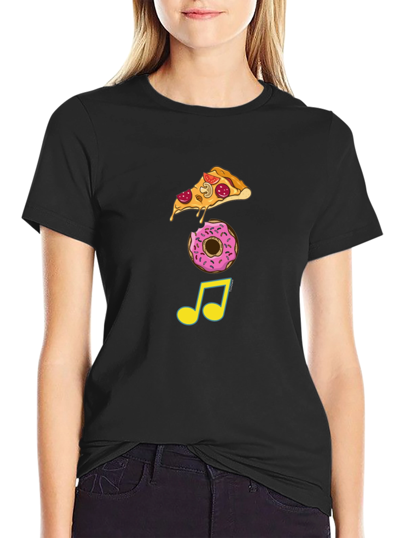 Pizza Donut & Music Note Graphic Tee - Black
