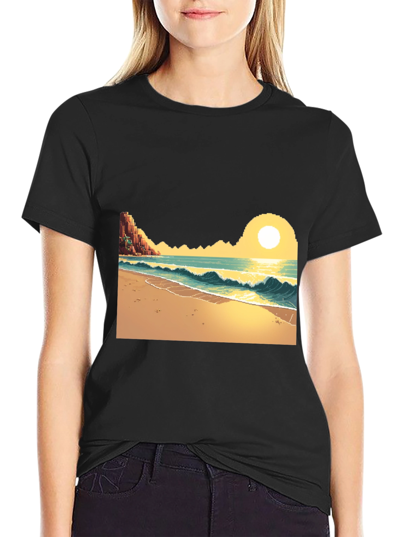Pixel Art Beach Black T-Shirt