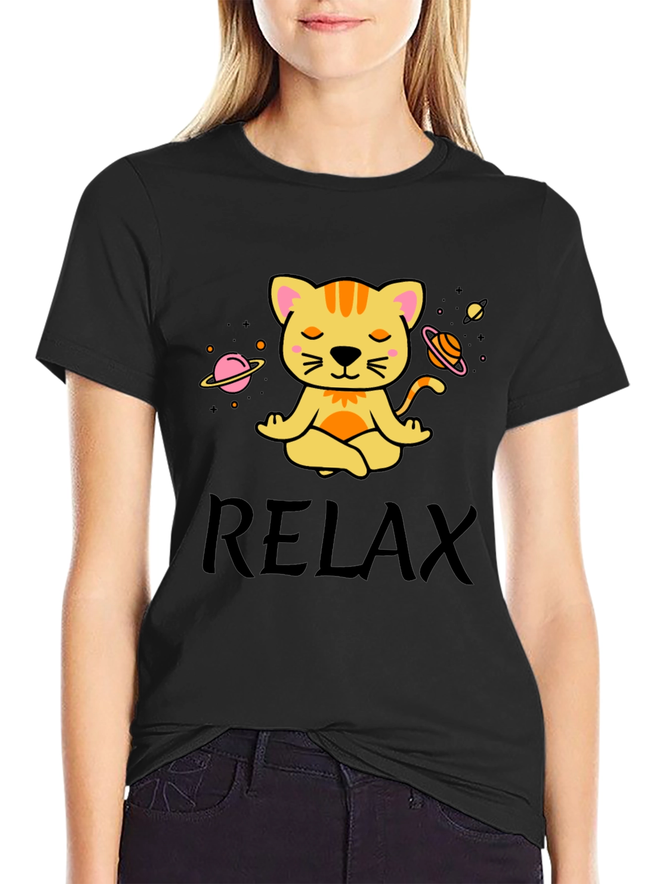 Relaxing Space Cat T-Shirt - Meditating Feline Tee