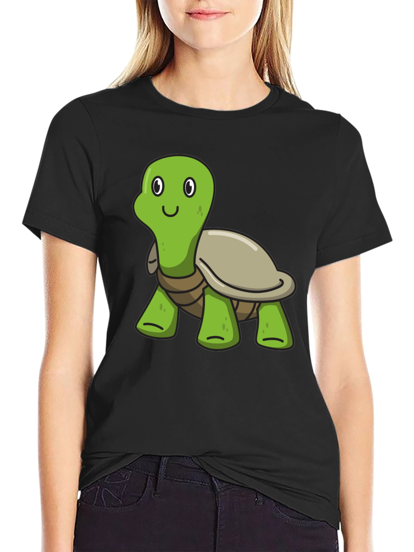 Cute Cartoon Turtle Black T-Shirt