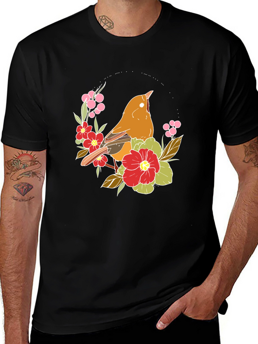 Floral Bird Graphic Tee - Stylish Mens Black T-Shirt