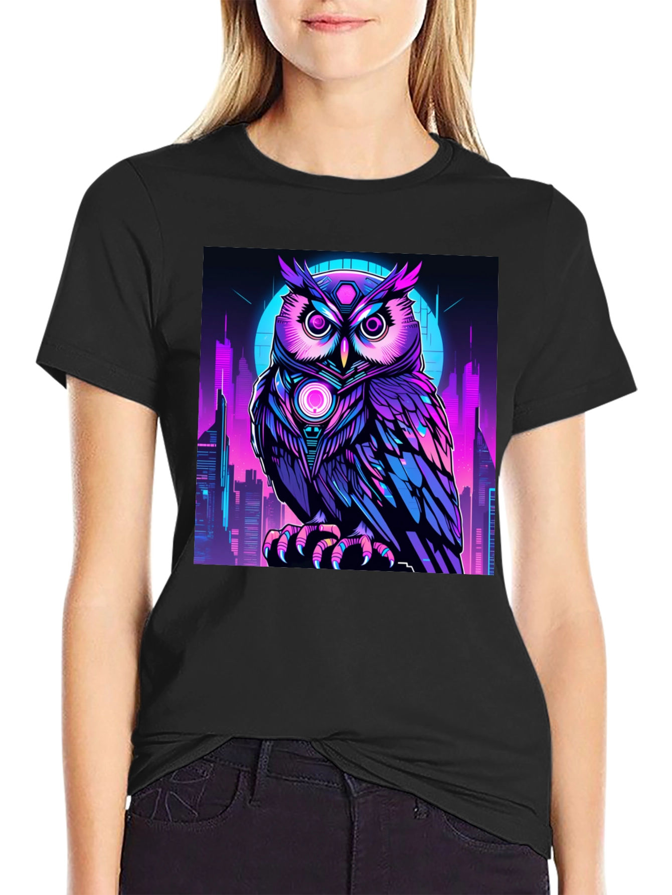 Cyberpunk Owl T-Shirt: Neon City Nocturnal Design